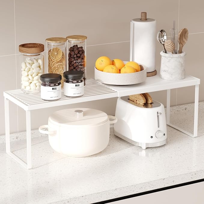 Magheo Expandable Kitchen Countertop Organizer, 1 Pack Stackable Cabinet Shelf Risers, Metal Spice Rack Heavy Duty Counter Organizer Storage for Kitchen, Pantry, Cupboard, Rv (8.7in Height,White)