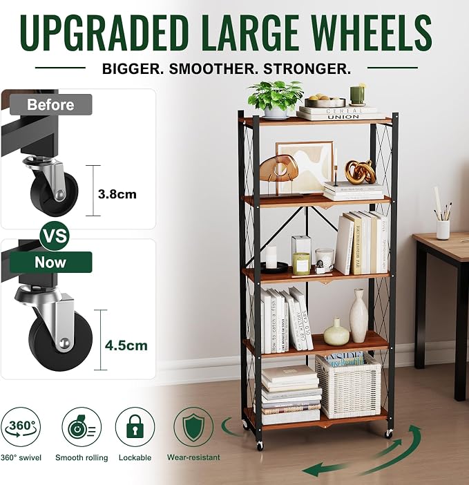 black leopard 5-Tier Foldable Shelf with Wheels, Wood-Grain Steel Shelves | Pre-assembled frame unfolds in seconds with tool-free wheel setup for fast, convenient use.
