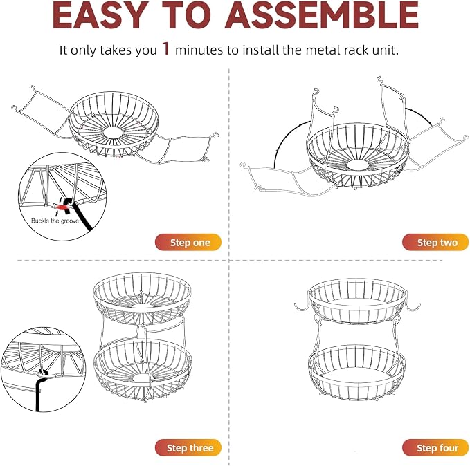 Sevenblue 2 Tier Fruit Basket for Kitchen Counter with 2 Banana Hangers, Metal Stackable Fruit Bowl for Kitchen Counter for Bread Vegetable Fruits, Brown