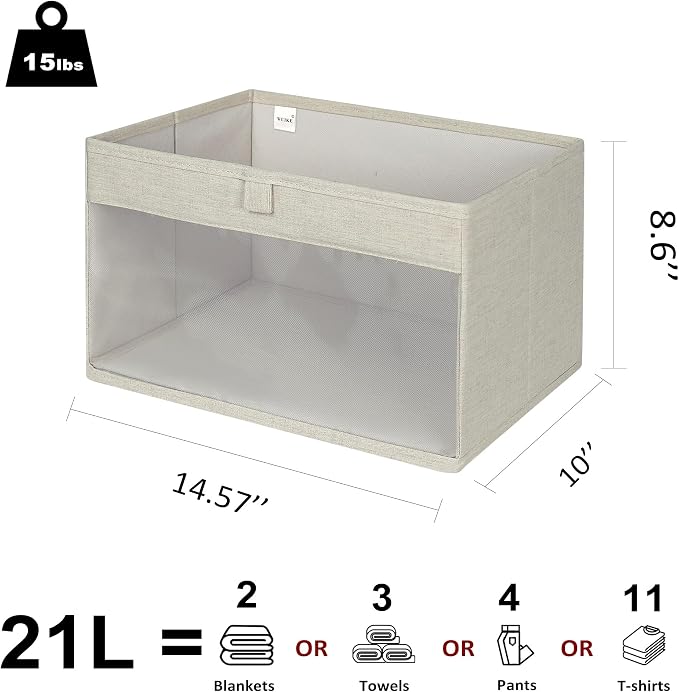 WUIKE Closet Storage Bins with Clear Window, Fabric Organizer Baskets with Handles, Foldable Linen Closet Organizers and Storage for Shelves, Line Beige, Large, 3 Pack