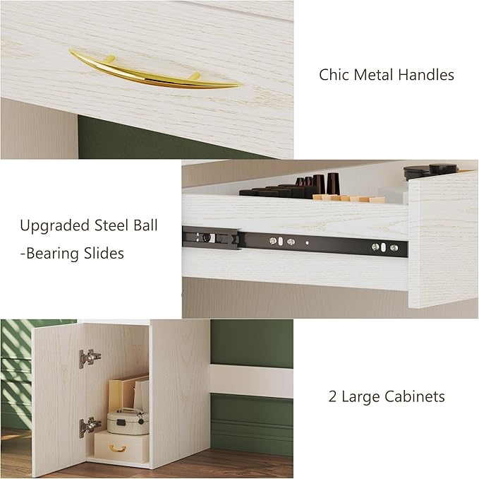 45.5" Vanity Desk with Mirror and Lights, Makeup Vanity with Lights 3 Models Settings & Power Outlet, Vanity Desk with 5 Drawers, 2 Cabinets, Shelves, Makeup Vanity for Bedroom, Antique White