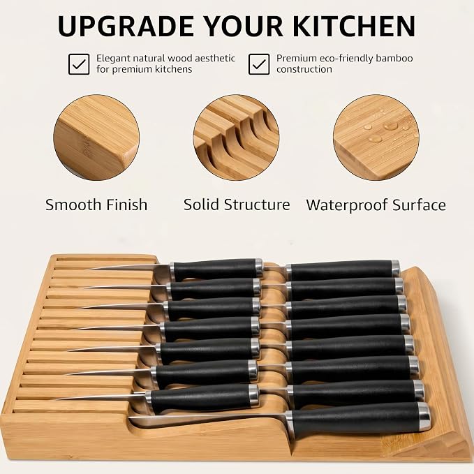 Flareware Bamboo Knife Drawer Organizer - 15-Slot In-Drawer Block for Steak & Large Knives, 2-Tier Bamboo Holder, Space-Saving Storage Organizer - (Knives Not Included)