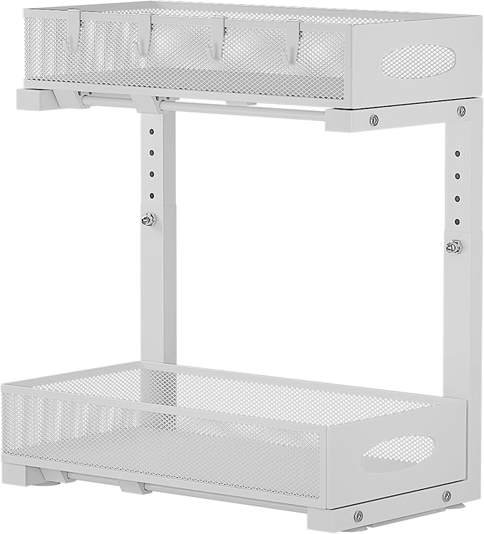 1 Pack Under Sink Organizer and Storage, 2 Tier Pull Out Sliding Cabinet Shelf, 5-Level Height Adjustable Thickened Carbon Steel Storage Rack for Kitchen Bathroom Cabinet, White