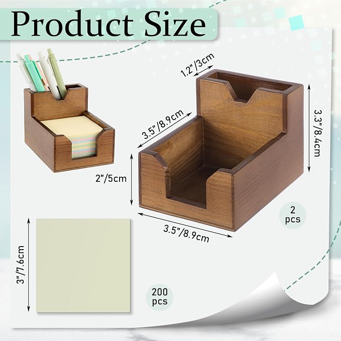 Crtiin 2 Pack Wood Sticky Note Holder, Walnut Color 2-in-1 Pen and Sticky Note Dispenser with 200 Sheets 3x3" Sticky-Notes, Elegant Desk Organizer for Office Home School Dorm Room
