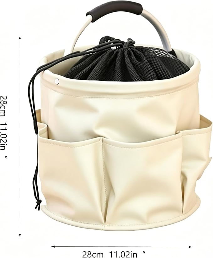 Garden Tool Bucket Organizer, Bucket Tool Organizer,5 Gallon with Aluminum Handle, Multi Side Pockets Portable Storage Caddy for Gardening Camping Car Wash (Off White, Drawstring Closure)