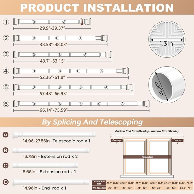 Adjustable Spring Curtain Rod 30-76 inch, Tension Curtain Rod No Drilling, Tension rods for Window Doorway Kitchen Curtain, White