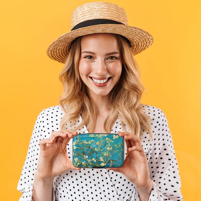 Credit Card Holder for Women, Small RFID Metal Credit Cards Wallets Cute Business Card Holder Pocket ID Case, Van Gogh Flower