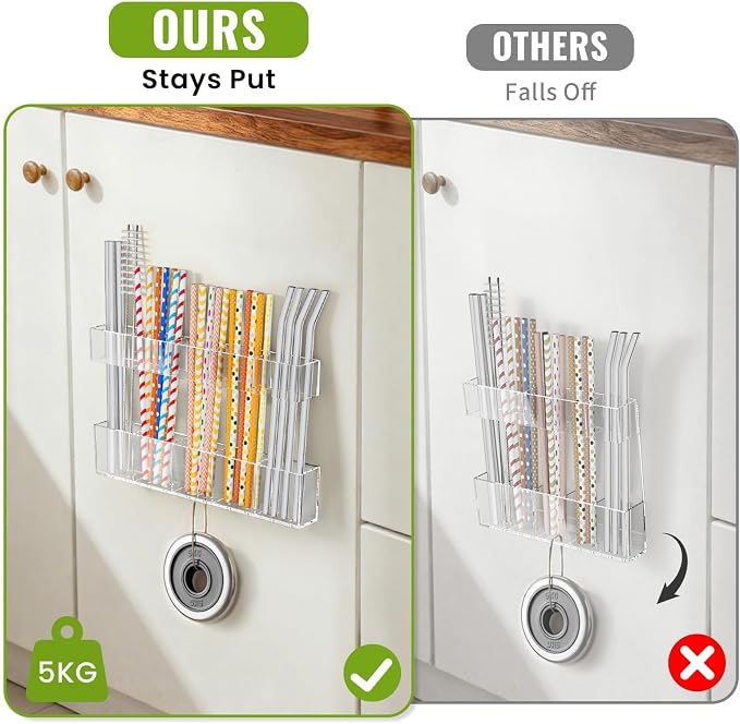 Mpotmiy 9.5” Large Acrylic Straw Holder for Cabinet Door 2 pack - Reusable tumbler straw organizer, Compact Kitchen Gadget Container, adhesive cupboard door organizer (Transparent)