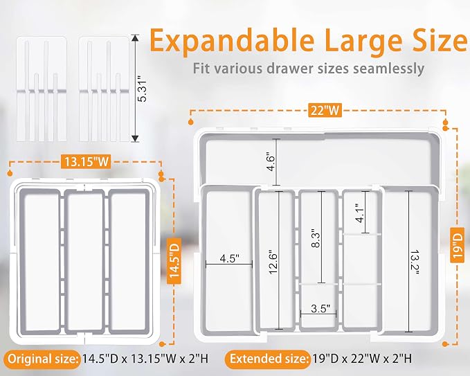 Homecor Kitchen Drawer Organizer Large Expandable Silverware Organizer, Utensil Holder and Flatware Tray, Kitchen Spatula Tools and Gadgets Storage with Removable Knife Blocks and 3 Dividers, White