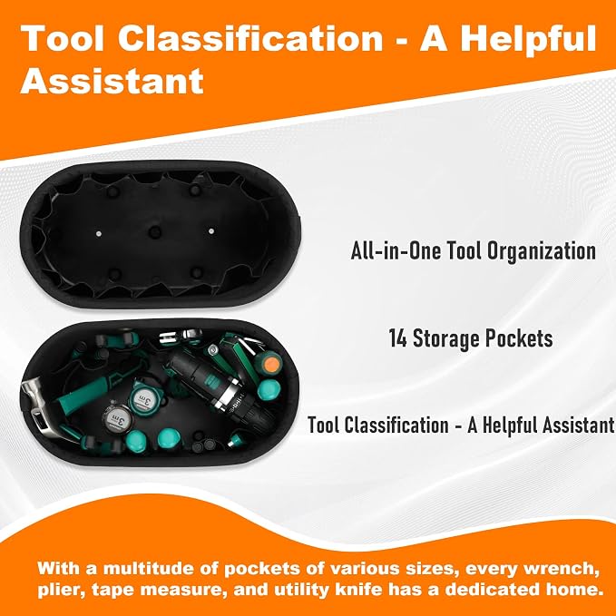 Bucket Tool Organizer with 14 Pockets | Oval Hard Lineman Bucket Bag, Tool Bucket Bag with Tray Hook Holes & Polypropylene Bottom with Drain Holes, No Kickstand