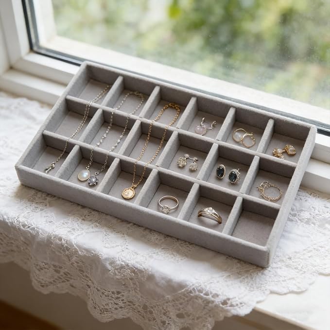 Velvet Jewelry Organizer Trays Gray Stackable Jewelry Storage Display Tray with Removable Dividers, 18 Grids