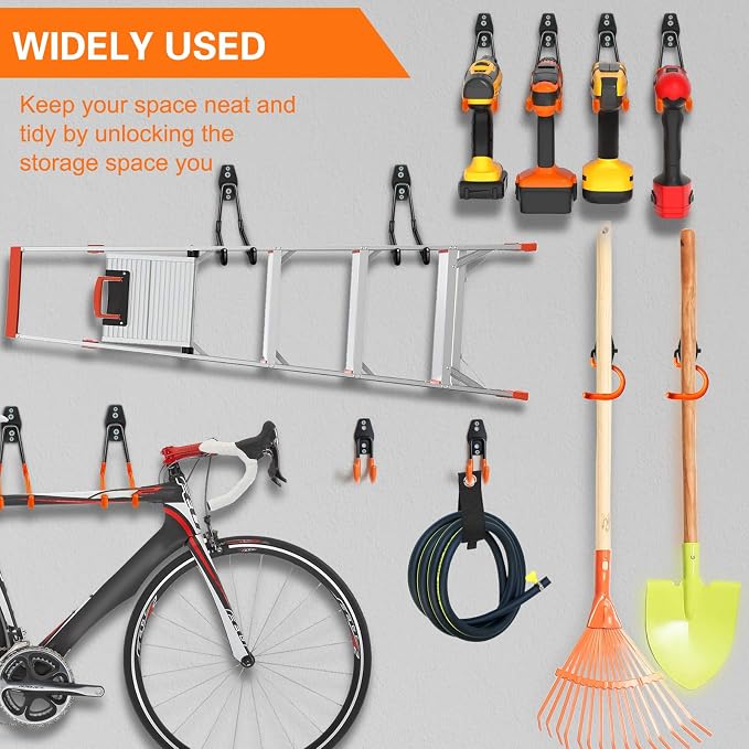 HUPBIPY 18 Pack Garage Hooks Heavy Duty, Wall Mount Ladder Hooks | Storage Organizer With a non-slip coating for Hanging Bicycles Garden Tools Ladders Hoses Ropes and Loose Items(Orange)