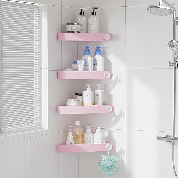 Sotfamily Plastic Shower Caddy Corner (for 90° Only), 4 Pack, Pink | Adhesive Corner Shower Shelves for Bathroom Organizers and Storage, Bathroom Decor, No Drill, Rust Free