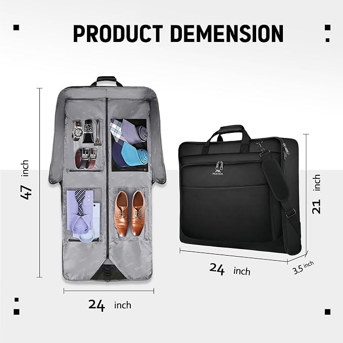 MATEIN Garment Bags for Travel, Large Carry on Garment Bag for Business | Waterproof, Hanging Suit Luggage Bag, For Men Women, Wrinkle Free Suitcase, Cover For Shirts Dresses Coats, Strap, Black