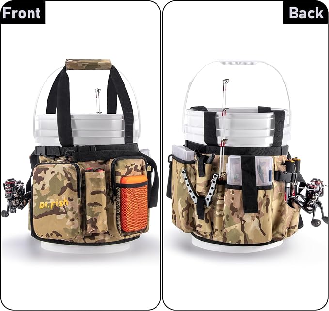 Dr.Fish 5 Gallon Bucket Tool Organizer - Adjustable Gear Bag with 6 Pockets and 2 Rod Holders for Ice Fishing Tackle Storage