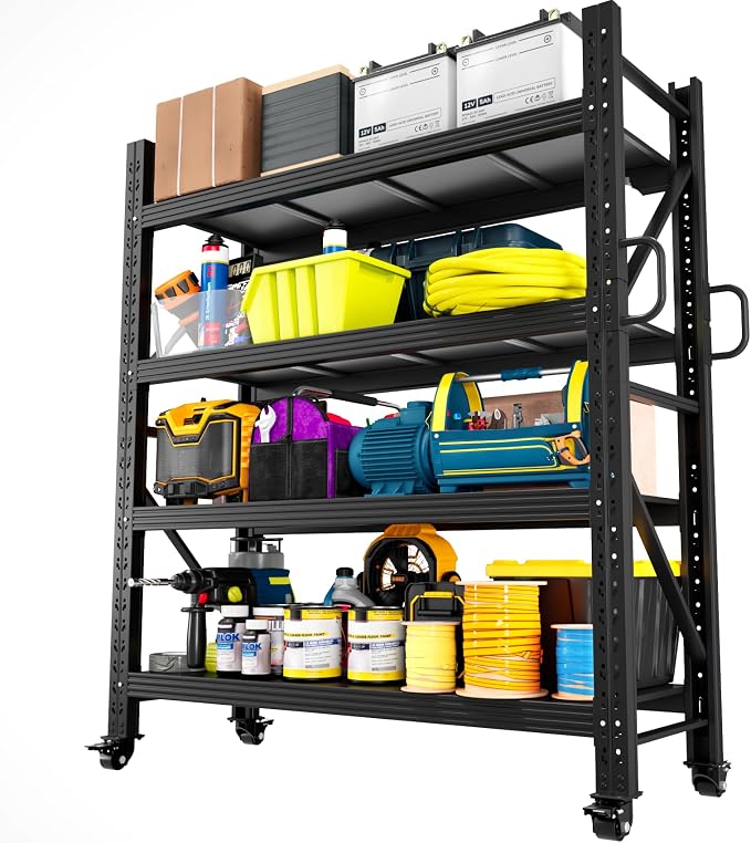 Heavy Duty Garage Shelving Unit with Wheels,Adjustable Rolling Storage Rack | 2500LBS Capacity, Solid Shelves, Adjustable Height, Lockable 360° Wheels, Anti-rust Finish, for Garage Warehouse Industrial