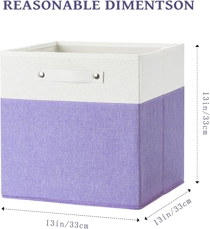 FinishingBo 13 x 13 Inch Fine Linen Storage Bins with Handles，Fabric Cube Boxs，Basket Organizers for Shelves for Home, Closet Drawers (White/Purple-6 Pack)