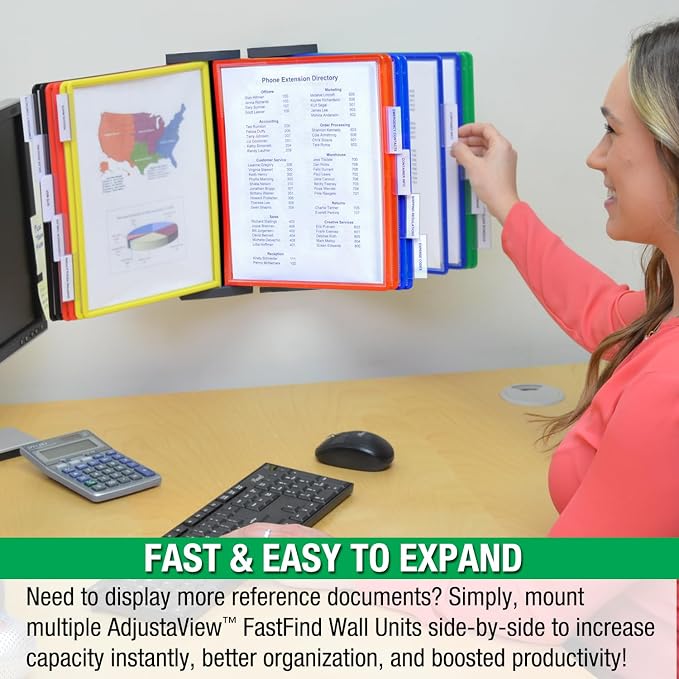 Ultimate Office AdjustaView FastFind 10-Pocket Wall Mounted Reference Display Organizer with Assorted Colored EZ Load Pockets to Display 20 Sheets of Your Most Important Letter Sized Documents