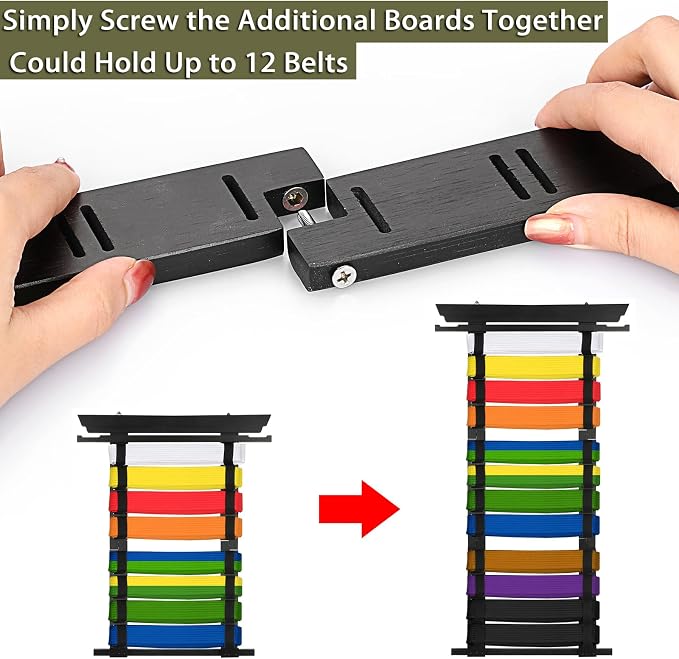 JUXYES Wall Hanging Martial Arts Belts Organizer for 8 12 Belts with Medal Hanger and Stickers, Bamboo Karate Belt Display Holder Rack, Taekwondo Belt Display Holder for Martial Arts Learners