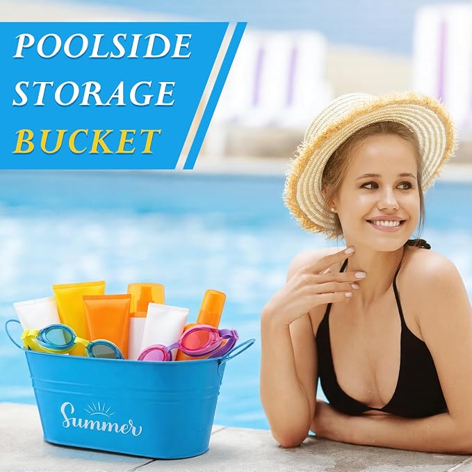 Blulu Summer Storage Bucket Metal Poolside Basket Above Ground Pool Bin Summer Basket Outdoor Storage for Sunscreen Goggles Flip Flop Spf Swimming Camping Beach Accessories Decor(Blue)