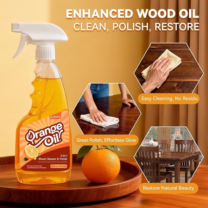 2-in-1 Wood Cleaner Furniture Polish - Natural Orange Oil Spray Protect Wood Surface Safely, Enhanced Furniture Restorer Finish Cabinets, Tables, Antique, Floor, 16oz Total