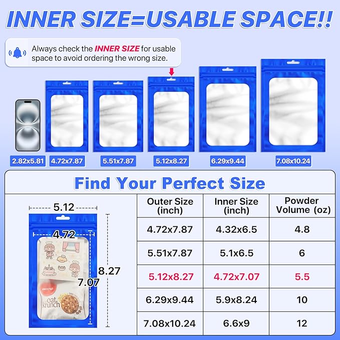 100 PCS Resealable Mylar Bags with Zipper and Frosted Clear Window Smell Proof Packaging Bags Foil Pouch Zipper Bag for Food Self Sealing Storage Supplies (Blue, 5.12x8.27)