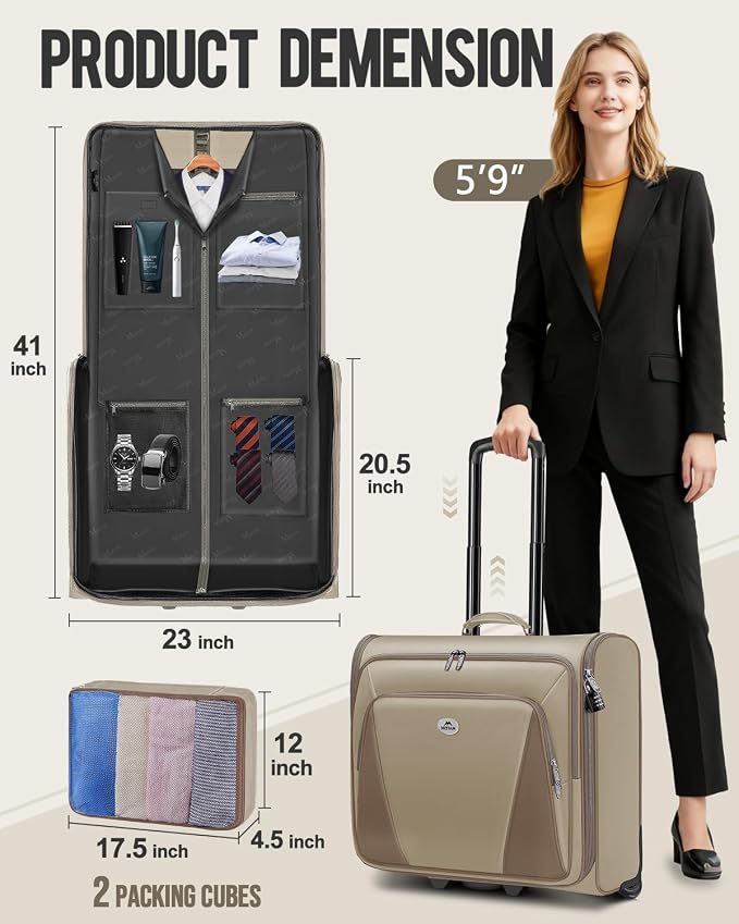 MATEIN Garment Bag with Wheels For Women, Large Wheeled Garment Bag, Khaki | For Hanging Clothes, 2 Packing Cubes, Softside, Foldable Travel Suit Carrier, Business Suitcase Luggage, Fits 17" Laptop