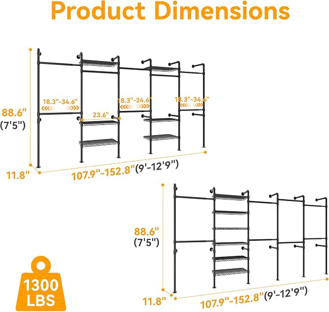 Higeego W5 Industrial Clothes Rack, Clothing Rack for Hanging Clothes, Heavy Duty Wall Mounted Closet System Black Expandable Garment Racks, Sturdy Steel Pipe Wardrobe Closet, 1300LBS Load 9' to 12'9"