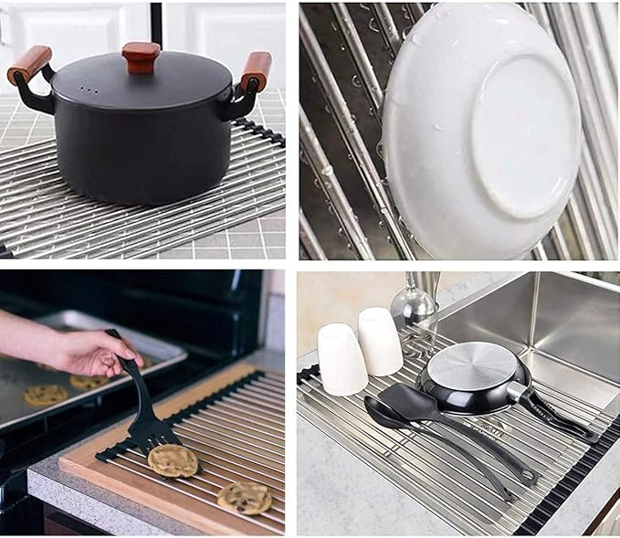 Roll up Dish Drying Rack RV Folding Over Sink 304 Stainless Steel in Kitchen Dish Drainer Heat Resistant Mat Multipurpose Portable Dish Trainer,Black,17x12inches