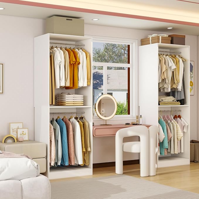 Closet System with 6 Hanging Rods& Shelves , 4FT Small Closet Organizer System Storage Wood with Extra Side Hanging Rod for Walk in Closet, Adjustable Modular Closet Systems Customize, White(4FT)