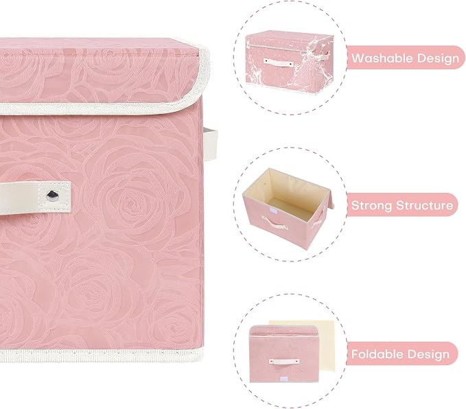 ANMINY Fabric Storage Bin with Lid Rose Print Storage Box Basket with PU Leather Handles Washable PP Plastic Board Decorative Foldable Lidded Shelf Cubes Closet Organizer Container - Pink, Large Size