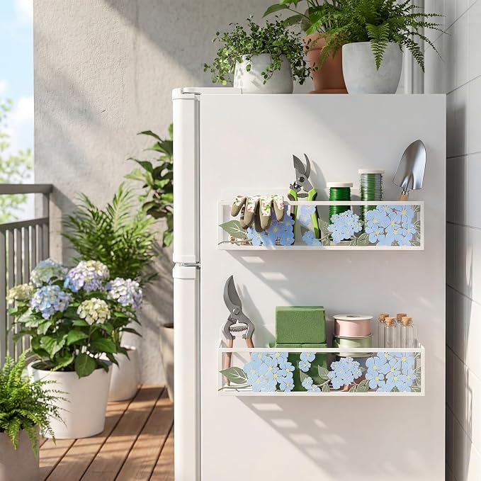 Beeveer 2 Pack Hydrangea Magnetic Fridge Spice Rack Metal Magnetic Storage Basket Organizer for Refrigerator Magnet Shelf for Condiment Seasoning Bottle Kitchen Decor Accessories