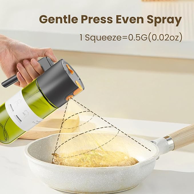 LAKUMIQI 2 in 1 Oil Sprayer & Dispenser, 17 oz Light-Blocking Glass Bottle | Large Capacity, Wide-Mouth for Easy Pouring and Cleaning, Leak-Proof Oil Bottle with Stickers for Salads, Air Fryers, BBQ