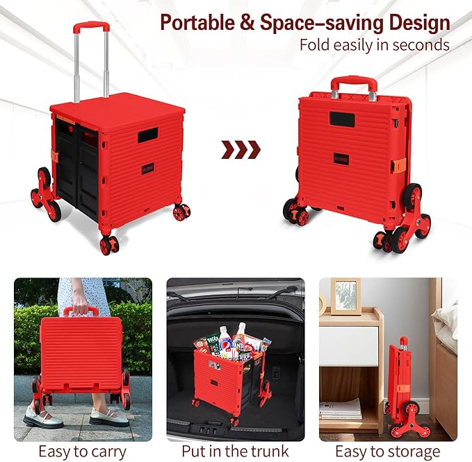 SELORSS Foldable Utility Cart Collapsible Crate Rolling Carts with Stair Climbing Wheels Rolling Tote Basket Teacher Cart with Lid Wear-Resistant 360°Rotate Wheel Noiseless for Shopping Grocery Office