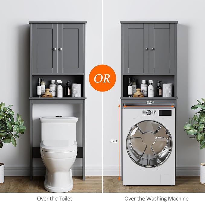 Over the Toilet Storage Cabinet, Bathroom Storage Cabinet Over Toilet with 2 Wood Doors, Freestanding Space Saver, Adjustable Shelf & Open Shelf, Grey