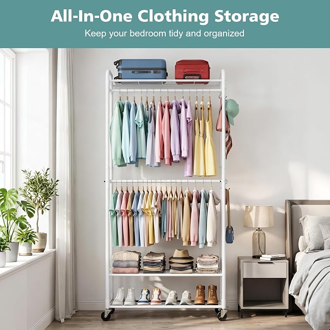Luxspire Clothes Rack 3-Tier Portable Freestanding Closet with Shelves | Iron mesh storage rack with double hanging rods, multi shelves, suitable for bedroom and cloakroom storage, white