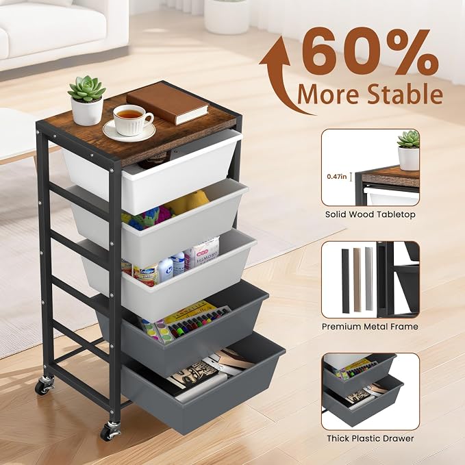Rolling Cart with 5 Drawers, Plastic Drawer Storage Carts with Wheels & Wooden Tabletop, Metal Utility Cart for Office Bedroom Living Room Classroom, Craft Organization and Storage, Grey