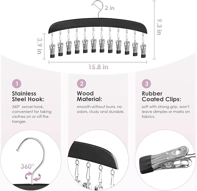 MEILIDY Wooden Leggings Hangers, Scarf Hangers for Closet, Black, 2 Pcs | 24 Clips, 360° Swivel Hook, Hanging Storage Organizer for Scarves, Pants, Hats, Skirts, Bras, Camisoles, Tank tops, Gloves