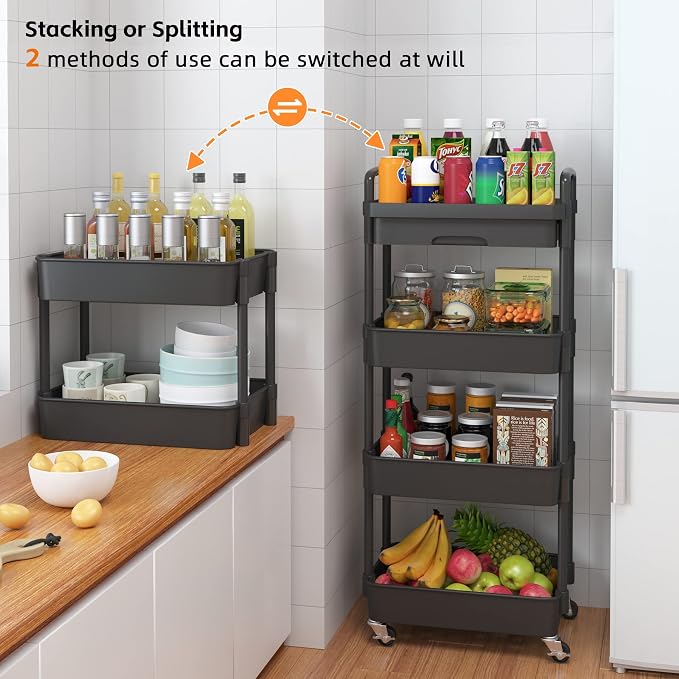 Calmootey 4-Tier Rolling Utility Cart with Drawer,Multifunctional Storage Organizer with Plastic Shelf & Metal Wheel,Storage Cart for Kitchen,Bathroom,Living Room,Office,Black | Space-Saving Organizer, Sturdy Plastic Shelves, Smooth-Rolling Metal Wheel...