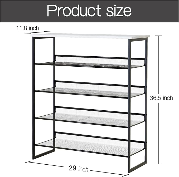 Garden 4 you Shoe Rack for Entryway 5 Tiers 11.8" D x 29" W x 36.5" H, Metal Shoe Rocks with White Wooden Tabletop, Angled Shoes Rack with Adjustable Mesh Shelves for Entryway Hallway Closet
