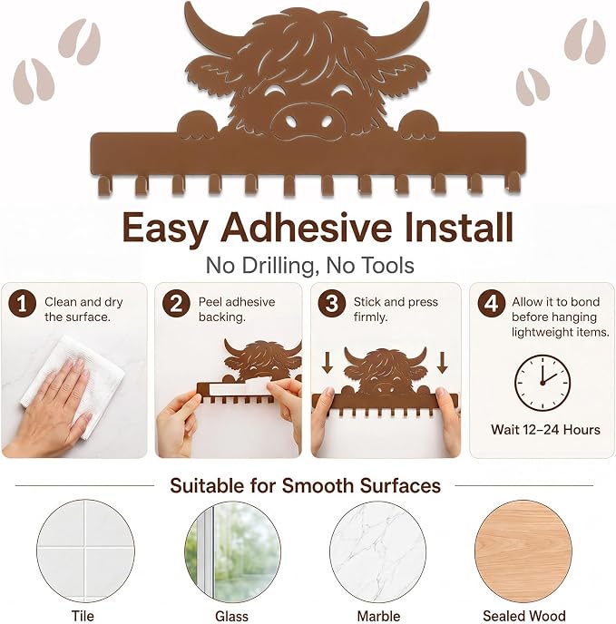 Hicarer 2 Pack Highland Cow Necklace Holder Wall Mount 24 Hooks Adhesive Metal Jewelry Organizer Farmhouse Home Storage Decor Gifts for Women Highland Cow Lovers for Earrings Bracelets Rings Keys