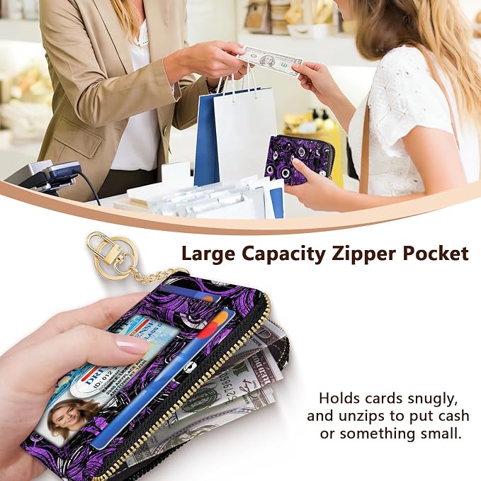 GIANCOMICS Slim Wallet Credit Card Holder Women, Evil Eye Rfid Blocking Small Card Case, Keychain Thin Pocket Curved Zipper Wallet, Travel Card Holder PU Leather ID Window, Ladies Female Gifts