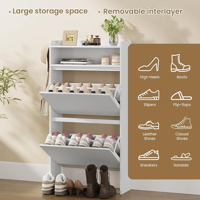 Shoe Cabinet Organizer with 2 Flip Drawers, Freestanding Shoe Rack Cabinet, Narrow Shoe Cabinet Storage for Entryway, Foyer, Hallway, White, 23.6" W