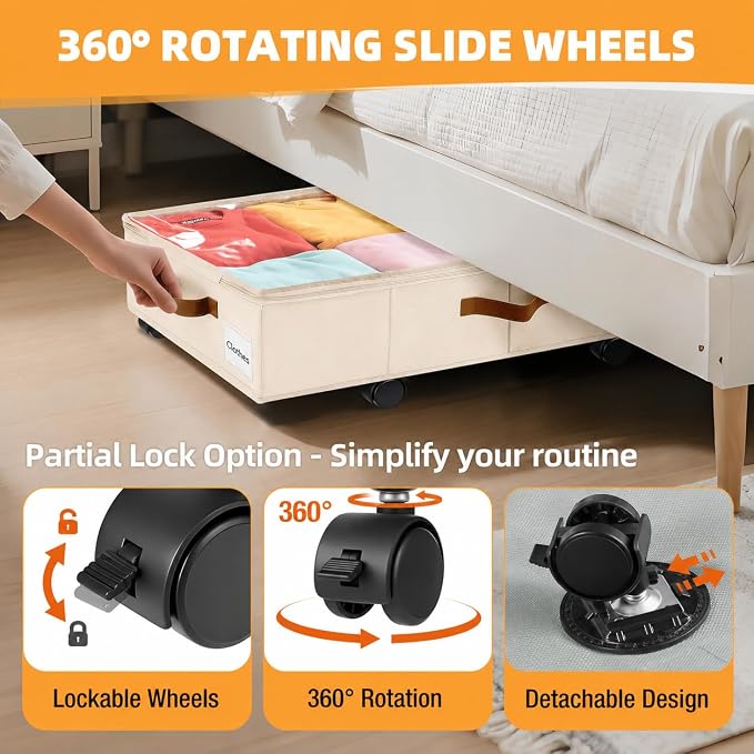 Under Bed Storage with Wheels,Underbed Storage with Sturdy Sidewalls/Bottom, Clear Cover, Label and PU Handle, Rolling Under Bed Drawers for Clothes, Shoes, 6.5 Inch Height,Beige, 2 Pack