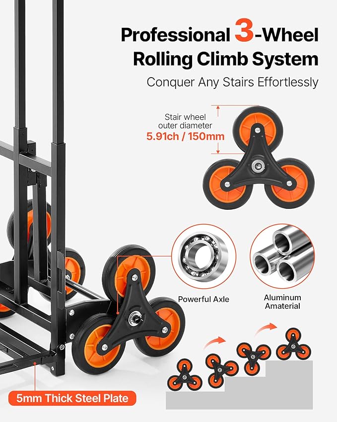 VEVOR Stair Climbing Dolly 460 lbs, Heavy-Duty Folding Trolley Cart for Stairs with Telescoping Handle, 6 Wheels & 2 Ropes, Stair Climber Dolly for Home, Groceries, Warehouse
