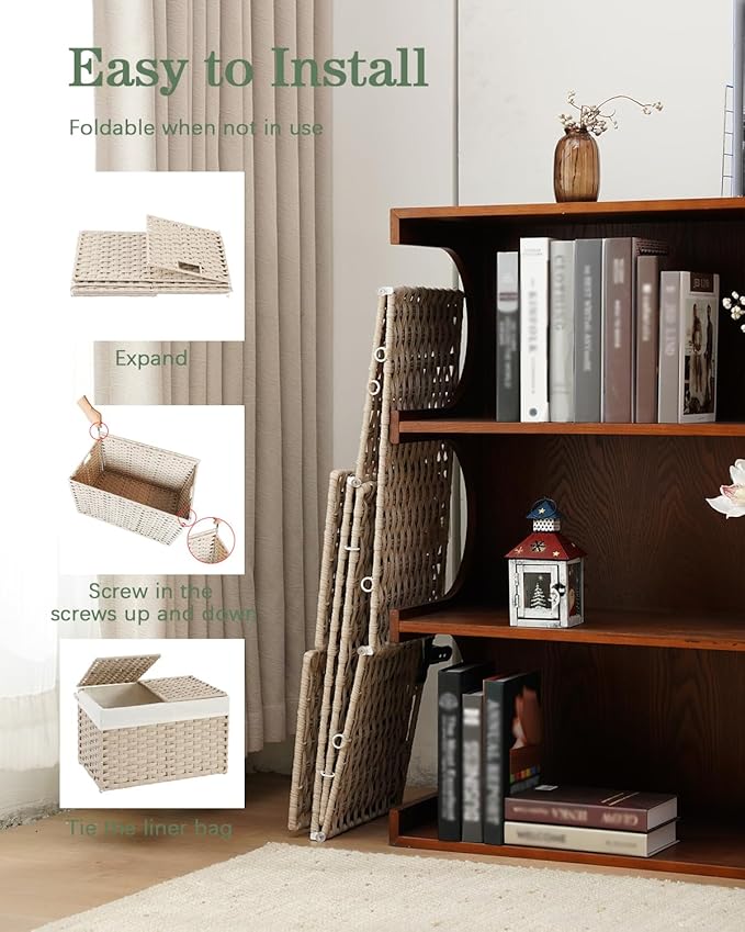 SETVSON Storage Basket with Lid Rattan Woven Storage Baskets with 2 Separate Lids, 17.2 Gallon (65 L) Wicker Storage Bins Foldable 2 Removable Liner Bags Handles for Bedroom, Laundry Room Light Khaki