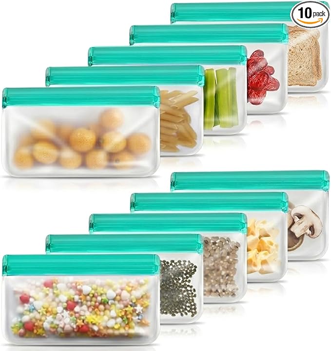 10 Pack Reusable Silicone Food Storage Bags - Leakproof Freezer Bags for Sandwich & Snack - BPA Free, Dishwasher Safe Eco-friendly Lunch Bags for Marinating Meat, Fruit, Travel | 8.6"W × 5.3"H