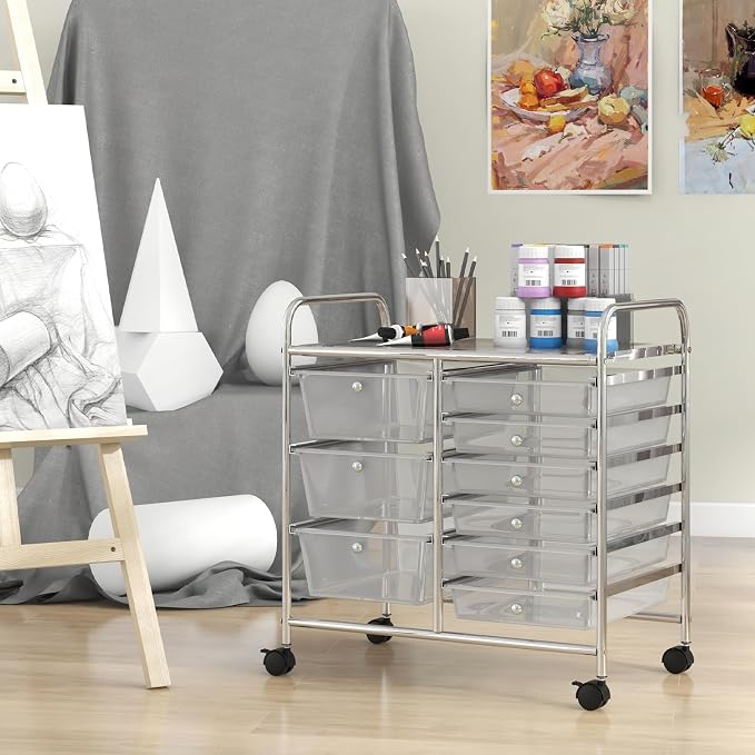 Moccha 9-Drawer Rolling Storage Cart - Under Desk Storage Drawers with wheels for Craft Art Supply Paper Salon, Scrapbook Paper Tools, Mobile Utility Cart for Classroom, Clear