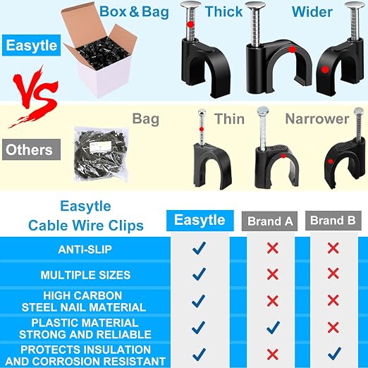 400pcs Black Cable Clips 4/6/8/10mm Cable Wire Clips Nail in Cable Clips Cable Tacks Coaxial Nail Clamps Cable Nails for Cords Cable Management RG6 RG59 CAT6 RJ45 Ethernet Cable Clips Coax Clamps