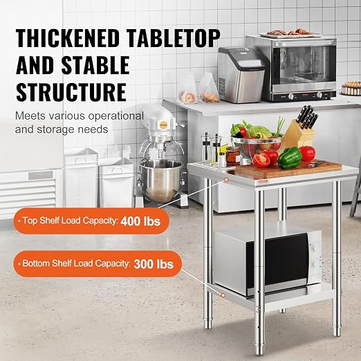 Vevor Stainless Steel 24 x 24 x 32 Inch Commercial Kitchen Prep & Work Table Heavy Duty Metal Work Table with Adjustable Feet for Restaurant, Home and Hotel